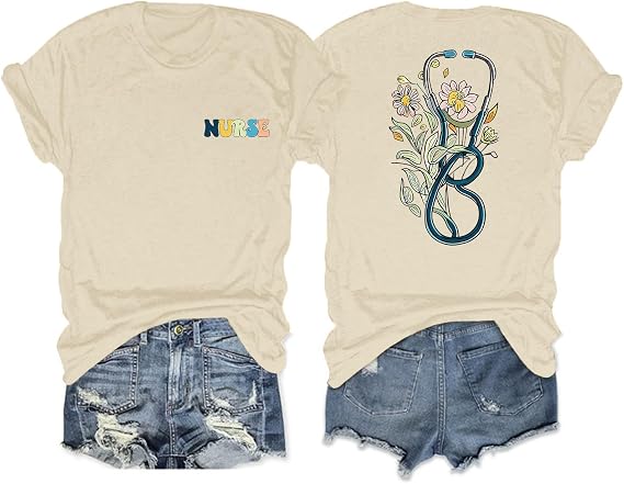 Nurse Graphic Shirts for Women Boho Floral Nurse Life T Shirt Stethoscope Oversized Graphic Tees Nurses Day Gifts