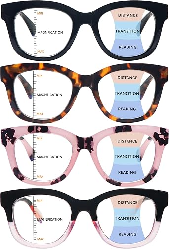 4 Pack Progressive Multifocus Reading Glasses for Women Spring Hinge Blue Light Blocking Computer Readers