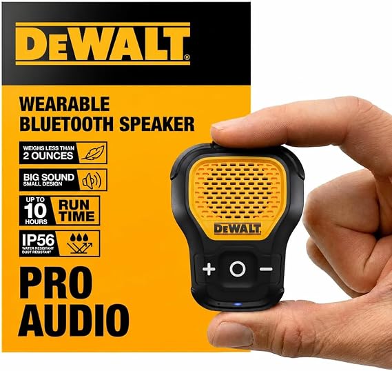 DEWALT Wearable Bluetooth Speaker, Clip-On Wireless Jobsite Pro, (Yellow)