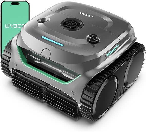 WYBOT C2 Cordless Robotic Pool Cleaner, Dual Filtrations, Floor, Wall &Waterline Cleaning, App Scheduling, Smart Navigation, Pool Vacuum for Inground Pools (Carbon Gray with Green Handle)