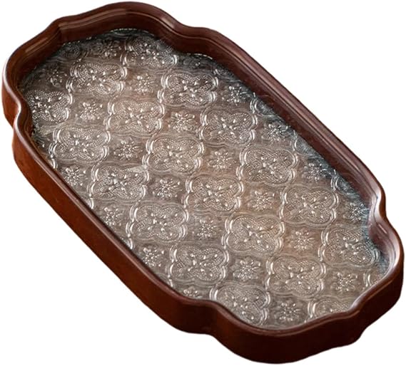 FccsiKoa Serving Tray Begonia Flower Glass Tray Wooden Plate Jewelry Tray Organizer Made of Wood and Glass for Living Room Bedroom Kitchen Restaurant Cafe Part, C