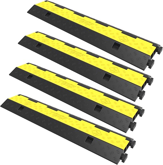 VEVOR Cable Protector Ramp, 4 Packs 2 Channels Rubber Modular Speed Bumps Rated 11000 LBS Load Capacity, Protective Wire Cord Ramp Driveway Rubber Traffic Speed Bumps Hump Cable Protector | Traffic Speed Bump, Modular Interlocking Connection, Protective Wire Cord Rubber Ramp Driveway, with PVC Flip-Open Top Cover