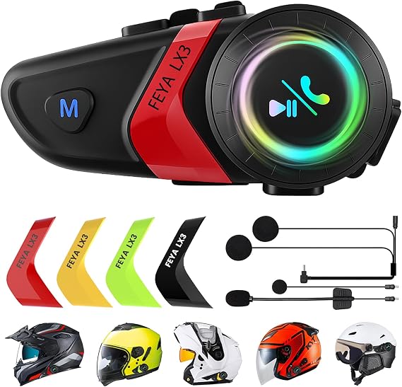 FEYA Motorcycle Helmet Speakers Super Long Battery Life Helmet Headset | Hi-Fi Sound Quality Dual Noise Reduction IPX6 Automatic Answer/Call Music Control/AI Voice/Soft & Hard Mic 1 Pack - Multi