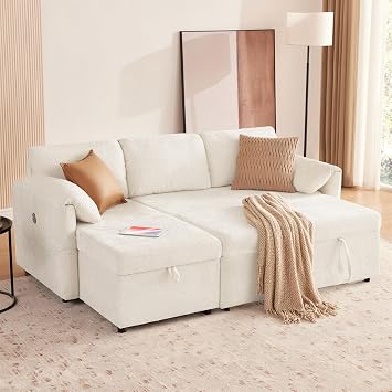 Tbfit 83'' 3 in 1 Sleeper Sofa Couch with USB & Storage Chaise, Sherpa Sofa Bed with Pull Out Bed, Convertible Sleeper Sofas for Living Room, Small Spaces, White