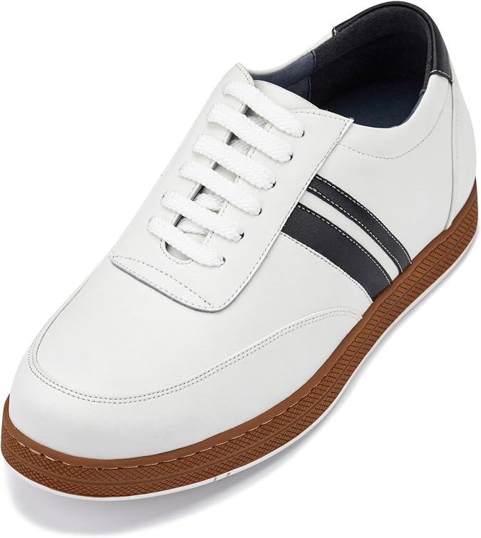 CALTO Men's Invisible Height Increase Elevator Shoes - White Leather Lace Up Lightweight Classic Casual Sneakers - 2.8" Tall