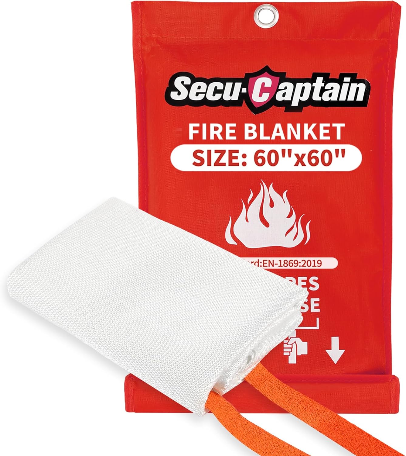 SecuCaptain Emergency Fire Blanket for Home - 60x60 X-Large Flame Retardant Blankets with Fireproof Tabs for House Camping Kitchen Fire Protection Survival Safety 1 Pack