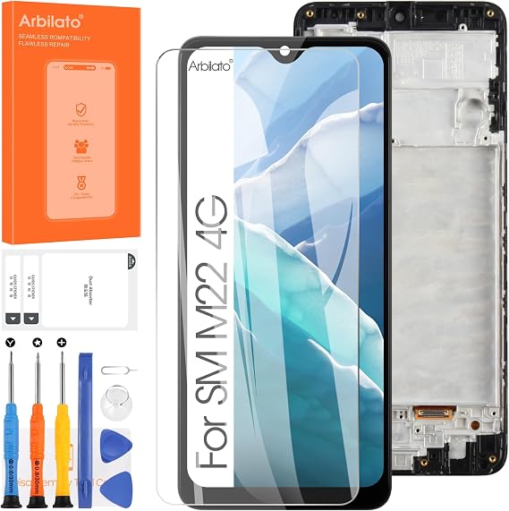 Original Screen for Samsung Galaxy M22 4G Screen Replacement for Samsung M225 LCD Screen SM-M225FV,SM-M225FV/DS Touch Display Digitizer Assembly Repair Parts with Frame(Black with Figerprint Function