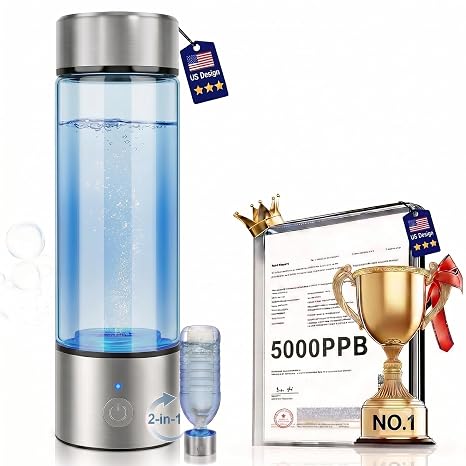 Portable Hydrogen Water Bottle Generator, 450ml Borosilicate Glass Ionizer Machine, Up to 5000 PPB in 3 Mins, 2-in-1 Design with 30mm Mineral Water Adapter for Travel, Gym, and Home