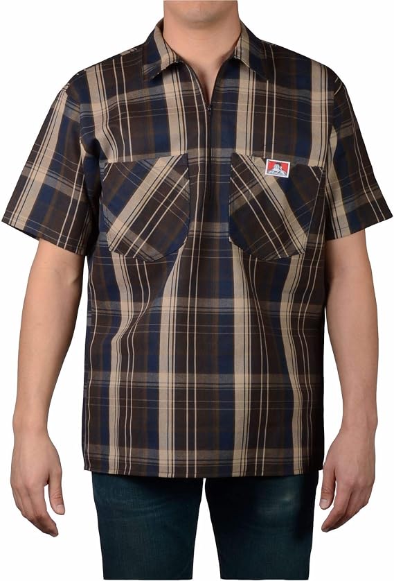 Ben Davis Men's Short Sleeve Plaid Half-Zip Work Shirt (Large, Brown)