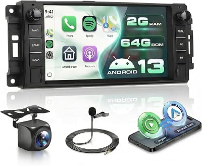 Podofo [2G64G] Car Stereo Radio for Jeep Wrangler JK Compass PatriotChryslerDodge RAM with Wireless CarPlay Andriod Auto, 7 inch Touch Screen Android 13 Headunit with GPS NaviWiFiBluetoothCamera