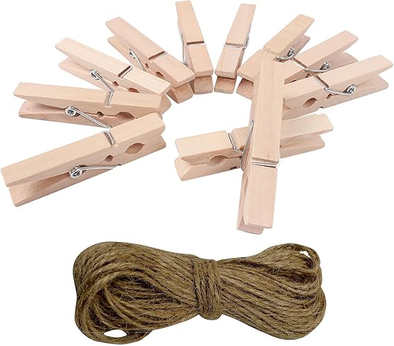 100 Pcs Black Wood Clothes Pins, 1.3 Inch(3.5cm) Small Wooden Clips with 33 Feet Jute Twine for Papar Clips, Card Photo Pins and Clothes Pins (Wooden)