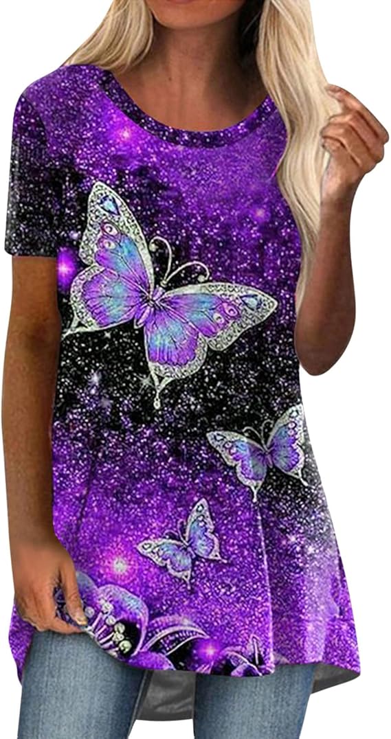 Womens Tunic Tops Short Sleeve Casual Ladies Tunics Loose Longline Blouses Shirts Round Neck Stretch Comfortable Baggy Cotton Basic Tee Long Oversized Summer T-Shirts Dressy Tshirts