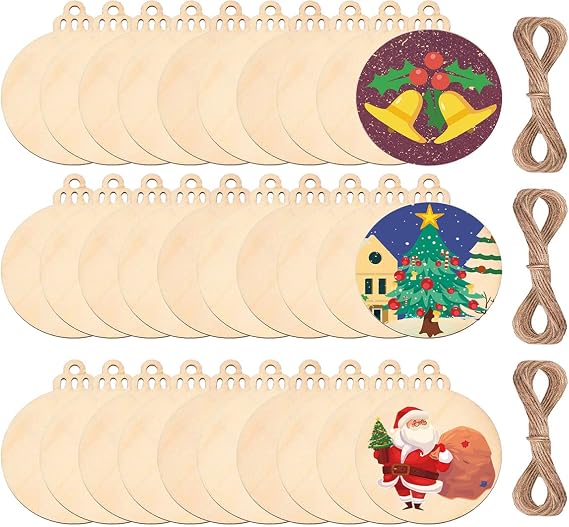 pojah 60PCS Wood Slices,4" Wooden Christmas Ornaments,Unfinished Predrilled Wood Circles for Crafts Centerpieces,DIY Round Wooden Discs Hanging Decorations