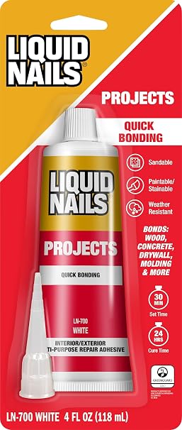 Liquid Nails LN-700 4-Ounce Small Projects and Repairs Adhesive | Waterproof Interior/Exterior Glue Bonds Wood, Concrete, Drywall & Molding, Paintable, Low VOC