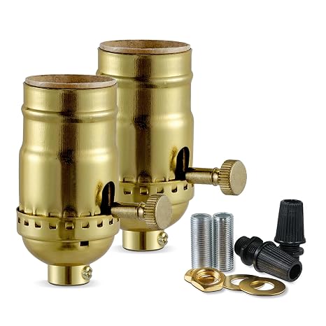 3 Way Lamp Socket with Twist Switch,E26 Standard Medium Screw Light Bulb Socket,Turning Knob 3-Way Dimmer Switch Light Socket to Repair or Replace Floor and Table Lamps,UL Listed (Gold, 2)