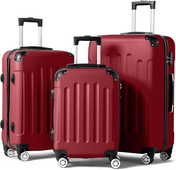 LEADZM Set of 3 Suitcases, Travel Suitcase, Set of 3 Suitcases, Trolley Suitcase Set, Zip Lock Included, 360 Rulettes, Telescopic Handle, Burgundy, 20/24/28 pouces valise, With corner protection