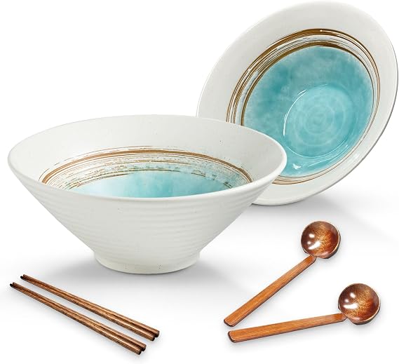 Ceramic Ramen Bowl Sets with Spoons and Chopsticks, 2 Sets 1000ml