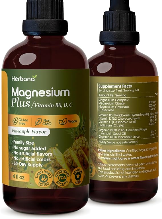 Herbana Manufacturing Magnesium Plus Pineapple Flavor - Magnesium Citrate, Glycinate, L-Threonate & Vitamin B6, D, C - Liquid Drops Supplement 4 fl oz - Advanced Complex - 60-Day Supply