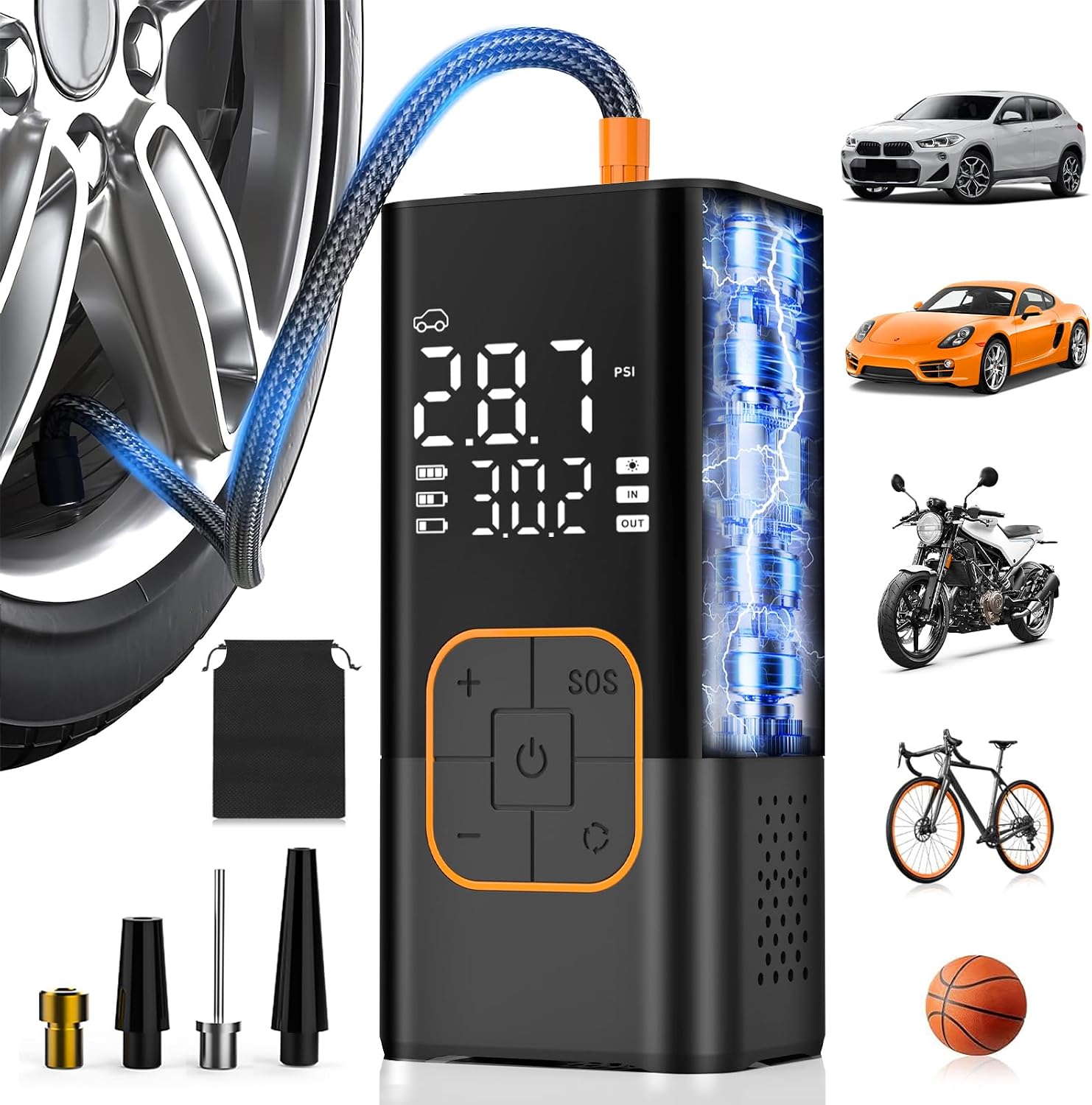 Tyre Inflator Air Compressor, Cordless Electric Bike Pump & Car Tyre Pump with Digital Pressure Gauge 150 PSI, Dual Values Display, LED Light, Portable Tyre Inflator for CarBicycleMotocycleBall