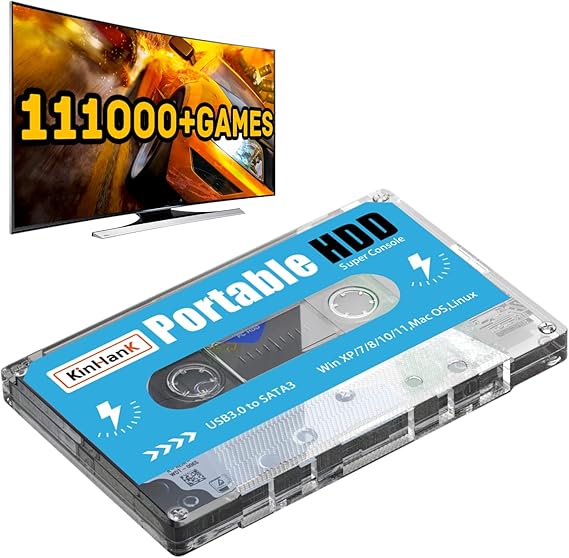 Kinhank 500G Portable External Game Hard Drive Disk, Built-in 111000+ Games, Batocera 33 Game System, Compatible with PS3/PS2/PSP/SEGA SETURN/DC, for Laptop/PC/Windows/Mac OS, 2 Gamepads (No Gamepad)