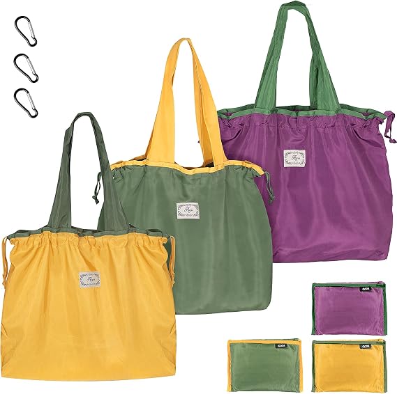 3PCS Reusable Shopping Bag Set, Lightweight Foldable Grocery Bags with Handles, Large Eco Drawstring Tote Bags, Drawstring Waterproof Shopper Bags Great Gift for Wedding Birthday Beach Women Mom