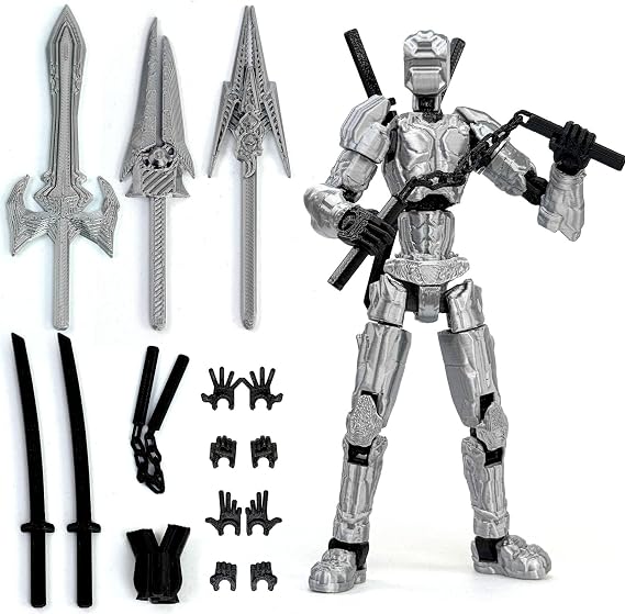 Dummy Action Figure Already Assembled, Robo 13 Movable Multi-Joints | 3D Printed, Upgraded Tight Joints, for Boys and Girls, Multiple Interchangeable Hands & Weapons, Silver