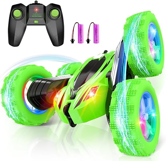Qumcou Remote Control Car for Boys 4-7,RC Cars Toys for Ages 5-7, 2.4Ghz Fast Double-Sided 360Rotating Toy Cars with Headlights and Wheel Lights, Christmas Birthday Gifts for Boys Age 6-12, Green
