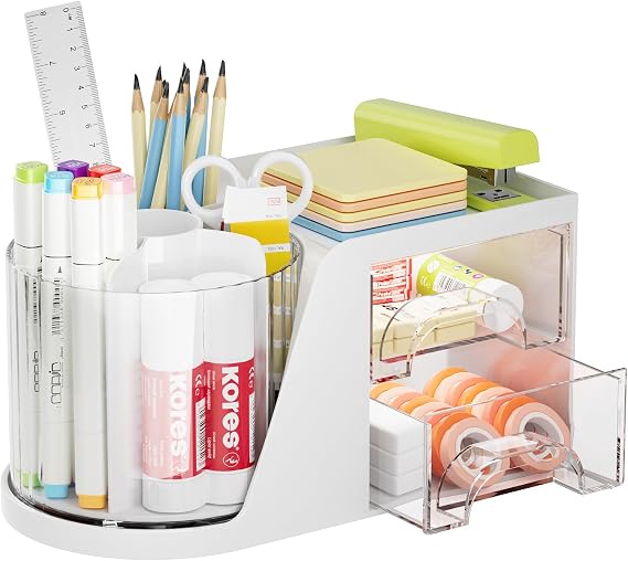 Marbrasse Desk Organiser,360-Degree Rotating Pen Holder,Desk Organisers Accessories with 5 Compartments Pencil Organizer,Art Supply Storage Box Caddy for Home Office(White)