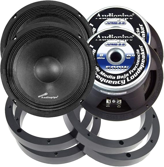 2 Pairs Audiopipe 8" inch 500W Mid Range Loud Speakers with Custom 1" Plastic Spacer Rings Combo