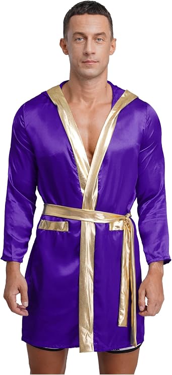 Belted Boxing Cosplay Robe for Men Satin Hooded Cloak Open Front Metallic Shiny Trim Halloween