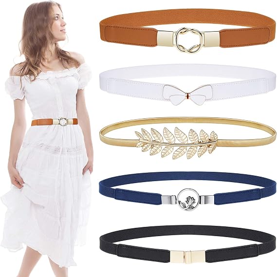 EAONE Skinny Belts for Women 5 Pack, Fashion Dress Belts Stretch Women Waist Belts Plus Size Elastic Waist Band for Dresses