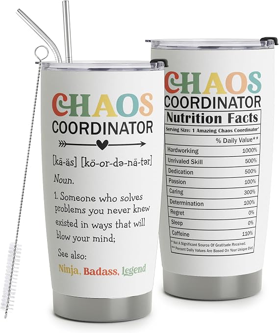 Chaos Coordinator gifts - Chaos Coordinator Travel Mug with Straw for Mom Coworker Boss Manager Employee - Stainless Steel Travel Tumbler Cup 20oz