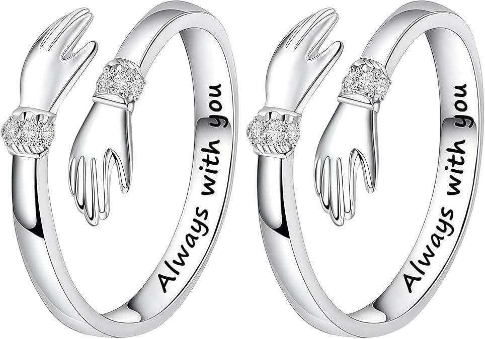 Sterling Silver Hug Ring for Women Engraved Words Rings, Adjustable Hugging Hands Open Ring Symbol of Love,for Daughters Mom Sister Wife Friends Mother's Day, Birthday, or Friendship Gift