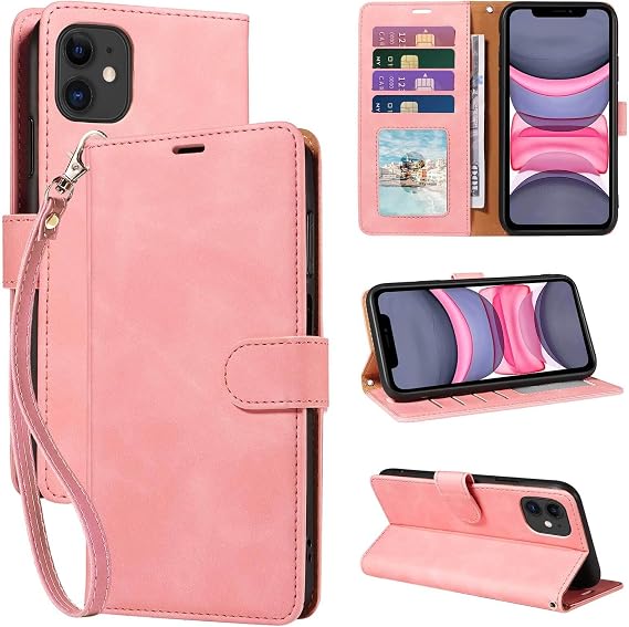 for iPhone 11 Case Wallet, RFID 4 Card Slots, Wrist Strap, Pink