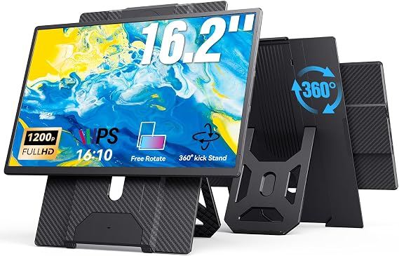 16.2'' Portable Monitor FHD 1200P USB-C/HDMI with Retractable Stand & Speakers, Ultra-Slim Computer Display HDR Eye Care Laptop Screen Plug-Play, External Monitor for MAC PC Phone