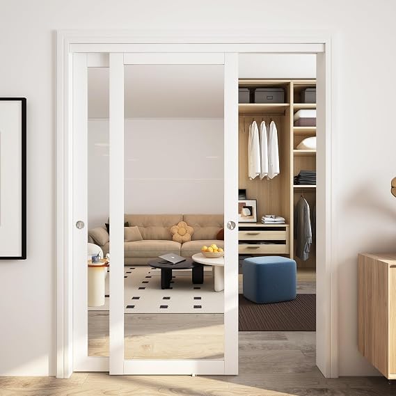 JUBEST 60" x 80" Mirror Closet Door, Preassembled One Side Mirror Door with Hardware Kit & Matching Fascia, Solid Wood Frame with Water-Proof PVC Surface, Easy to Install, White