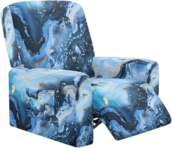Blue Marble Print Recliner Slipcover 4 Pieces Lazy Boy Chair Covers for Reclining Chair with Pocket Stretch Couch Cover 1 Seat Recliner Sofa Slipcovers for Living Room