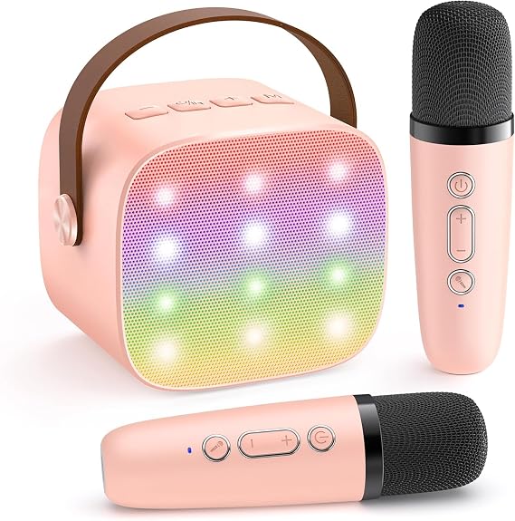 YLL Mini Karaoke Machine with 2 Wireless Microphones, TOP Kids Gifts for Girls Ages 3, 4, 5, 6, 7, 8, 9,10,11,12 +Year Old, 4-12 Years Old Birthday Toy Gift for Girls Boys Party (Pink)