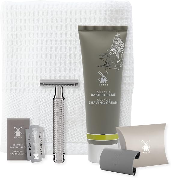 MUHLE R 89 Shaving Set 5 Pieces - Safety Razor with Closed Comb Chrome-Plated Metal Blade, Cream, Cloth - Silver