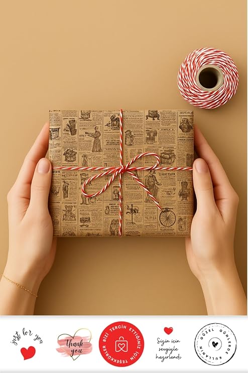 5 adet Vintage Paket Kağıdı, 25m Paket İpi, 35 adet Stickerdan Oluşan Ambalaj Seti