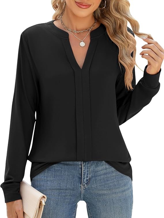 Micoson Womens Tops Dressy Casual Long Sleeve Business Knit T Shirts V Neck Pleated Work Blouses Loose Fall Trendy Clothes