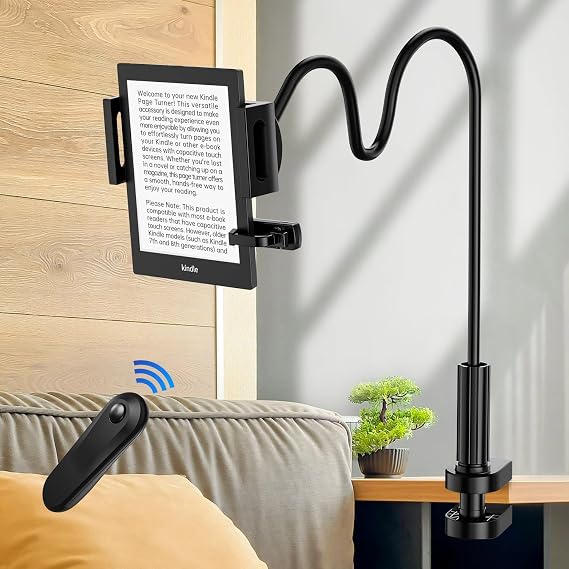 Iioyuitアイオイユイ ハンズフリー Kindleホルダー リモートページめくり付き – ベッド、デスク、トレッドミルで快適に読書ができる調節可能なスタンド – Kindle Paperwhite、Oasis、iPad、iPhoneなどに対応