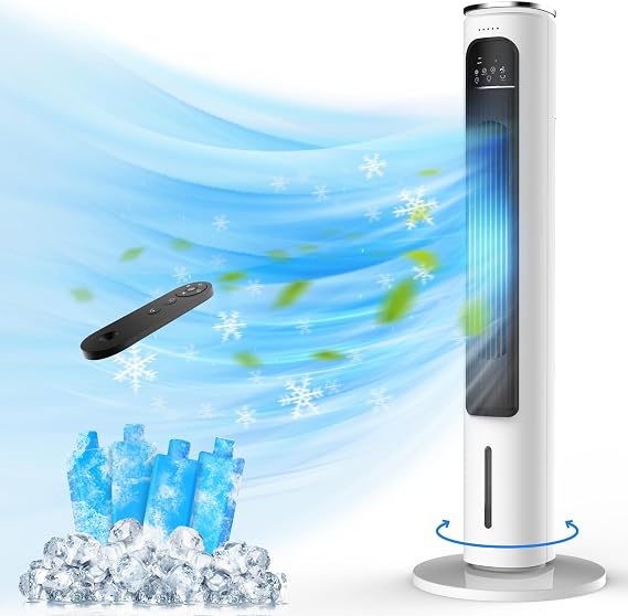 Windowless Portable Air Conditioners, 37.2 Evaporative Air Cooler w/Remote, Cooling Tower Fan, 2.5L Water Tank & Ice Packs, 12H Auto-off, 70 Oscillating, Ultra-Quiet Standing Fan For HomeOffice