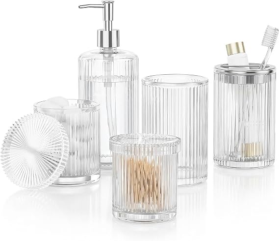 BSSN Glass Bathroom Accessories 5 Pcs, Clear Bathroom Set, Soap Dispenser, Toothbrush Holder Set, Tumber, Qtip Holder Set, Vintage Bathroom Sink Set, Cute Bathroom Decor