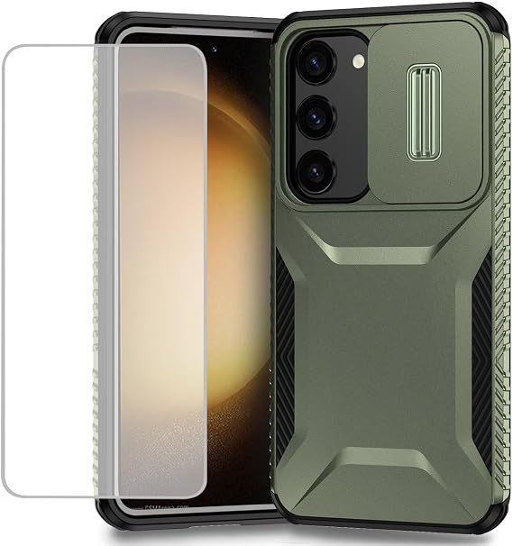 Case for Galaxy S23 Case, Samsung S23 SM-S911U Case with Tempered Glass Screen Protector and Slide Camera Cover, Non-Slip Heavy Duty Shockproof Phone Cover for Samsung Galaxy S23 Green