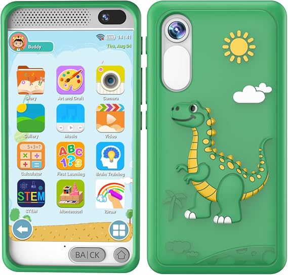 Kids Phone for Boys, Dinosaurs Gift Toys with 3.97" Touchscreen Phone, Learning Music Puzzle-Games Toddler Phone for Ages 3-12, Kids Toys Play Cell Phones with Dual Camera, 8G SD Card (Green)