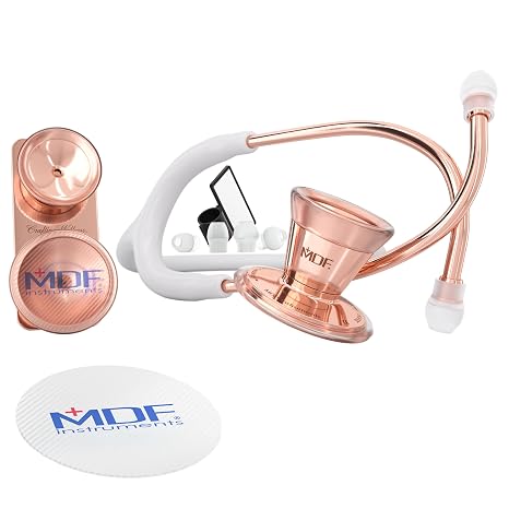 MDF Instruments, ProCardial CoreTM Cardiology Stainless Steel Dual Head Adult-Pediatric Stethoscope with Adult Cardiology Bell Convertible Attachment - Free-Parts-for-Life (MDF797DD) (Rose Gold/White)