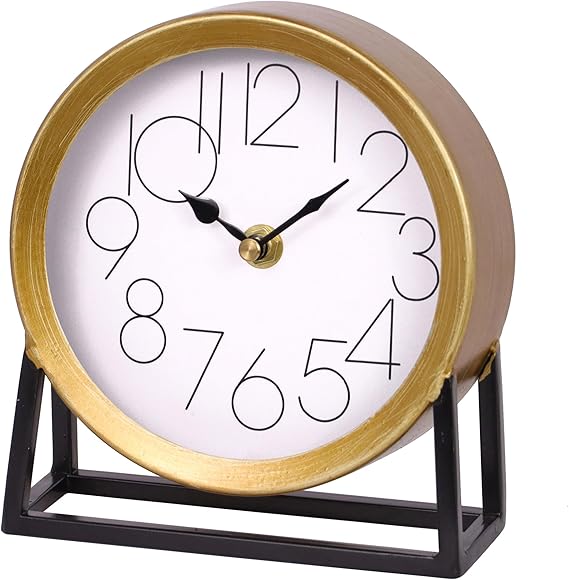 Modern Golden Table Clock on Stand, Decorative Desk and Shelf Clock, Mantel Clock Farmhouse Clock Non-Ticking, Home Decor for Living Room, Bedroom, Bedside, Desk, Gift Clock (Gold)