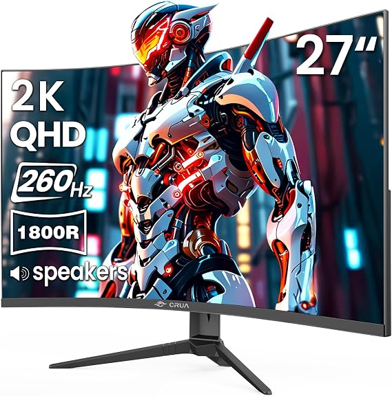 CRUA 27 Inch QHD 260Hz Curved Gaming Monitor, 1800R VA, Built-in Speakers | FreeSync, 120% sRGB, Blue Light, HDMI 2.0, DP 1.4, 100x100 Wall Mount, FPS, Esports, Racing, Streaming, Movies, Work Desk, PC