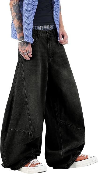 DFGIGT Men's Irregular Sutures Baggy Barrel Wide Leg Jeans Loose Fit Pants